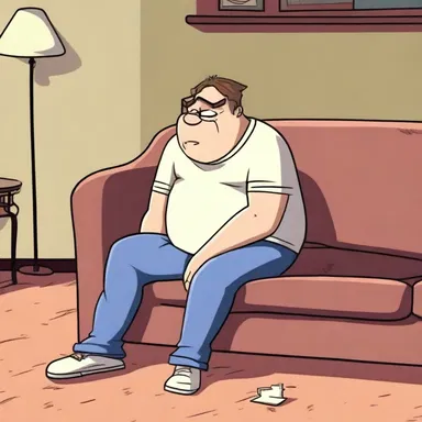 The animated character slumped dejectedly on the couch, feeling defeated after failing to catch the antagonist once again.