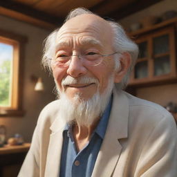 A 3D image of a wise old man from Studio Ghibli, happily situated in his rural home, enveloped by the warm glow of a summer day, exuding a deep sense of nostalgia.