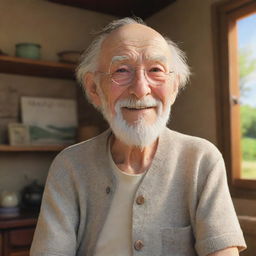 A 3D image of a wise old man from Studio Ghibli, happily situated in his rural home, enveloped by the warm glow of a summer day, exuding a deep sense of nostalgia.