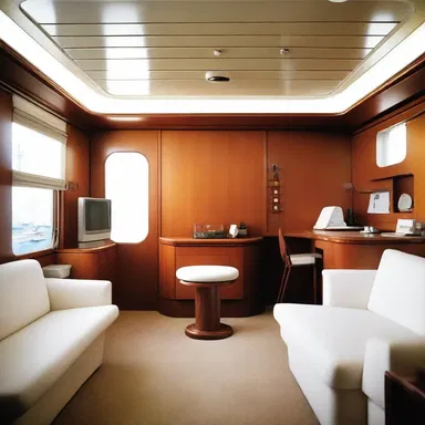 The lieutenant commander's quarters on the naval ship were designed with a minimalist and functional approach, reflecting the principles of modern architecture.