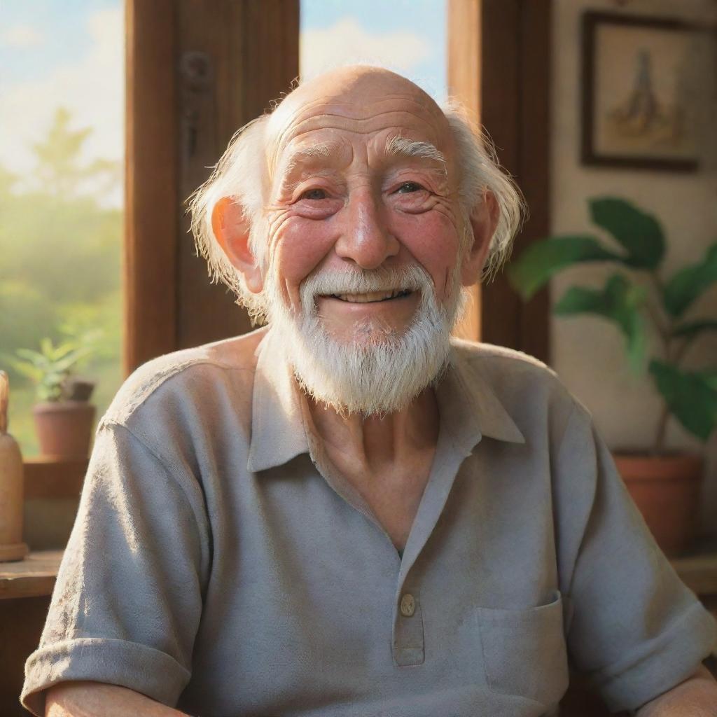 A 3D image of a wise old man from Studio Ghibli, happily situated in his rural home, enveloped by the warm glow of a summer day, exuding a deep sense of nostalgia.