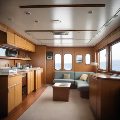 The lieutenant commander's quarters on the naval ship were designed with a minimalist and functional approach, reflecting the principles of modern architecture.
