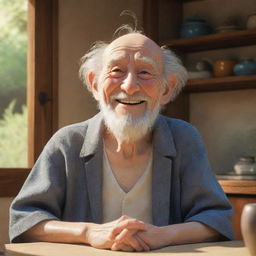 A 3D image of a wise old man from Studio Ghibli, happily situated in his rural home, enveloped by the warm glow of a summer day, exuding a deep sense of nostalgia.