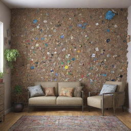 Create a 3D, 4K resolution image of a room entirely decorated with repurposed waste crafts.