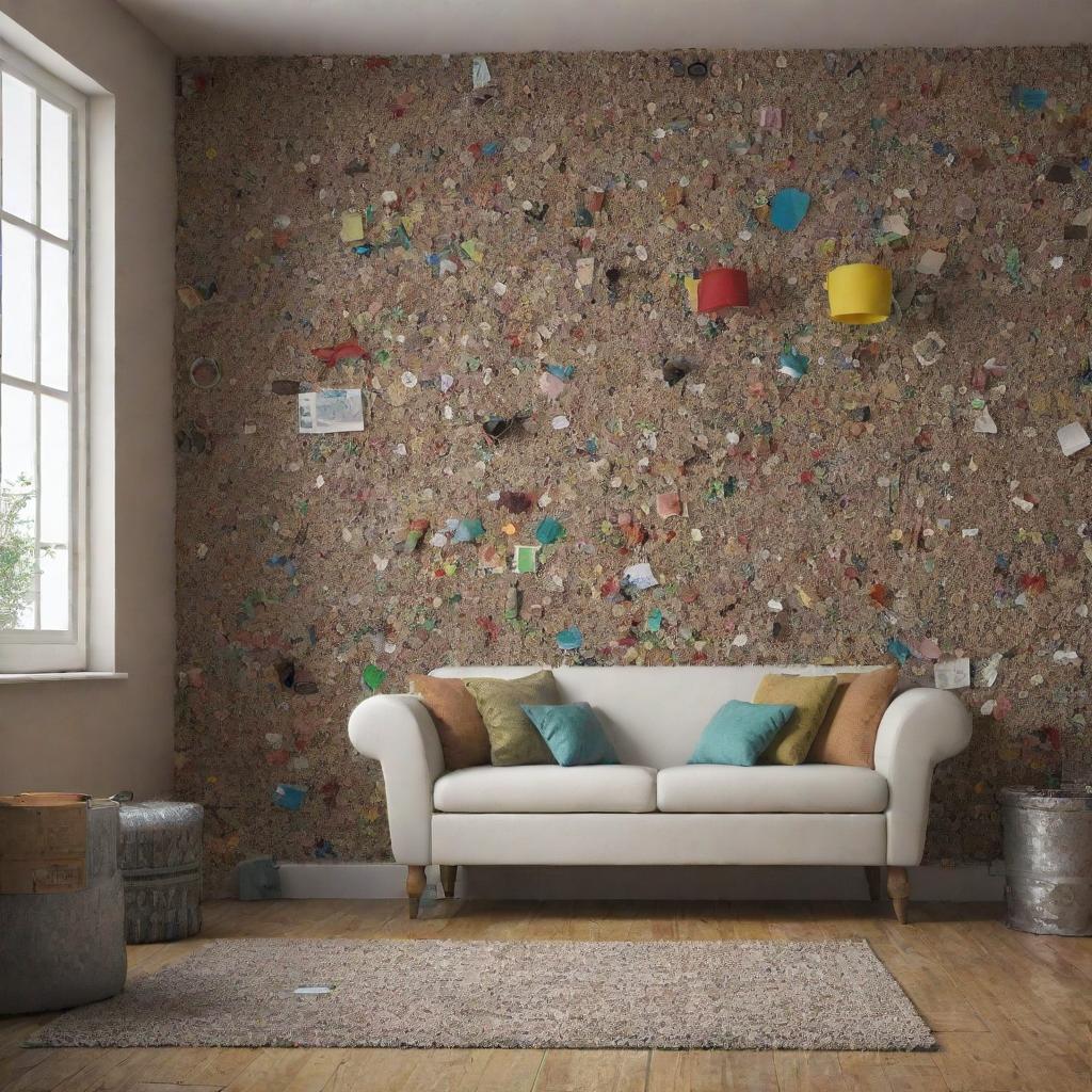 Create a 3D, 4K resolution image of a room entirely decorated with repurposed waste crafts.