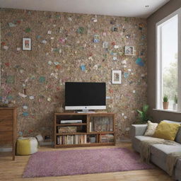 Create a 3D, 4K resolution image of a room entirely decorated with repurposed waste crafts.