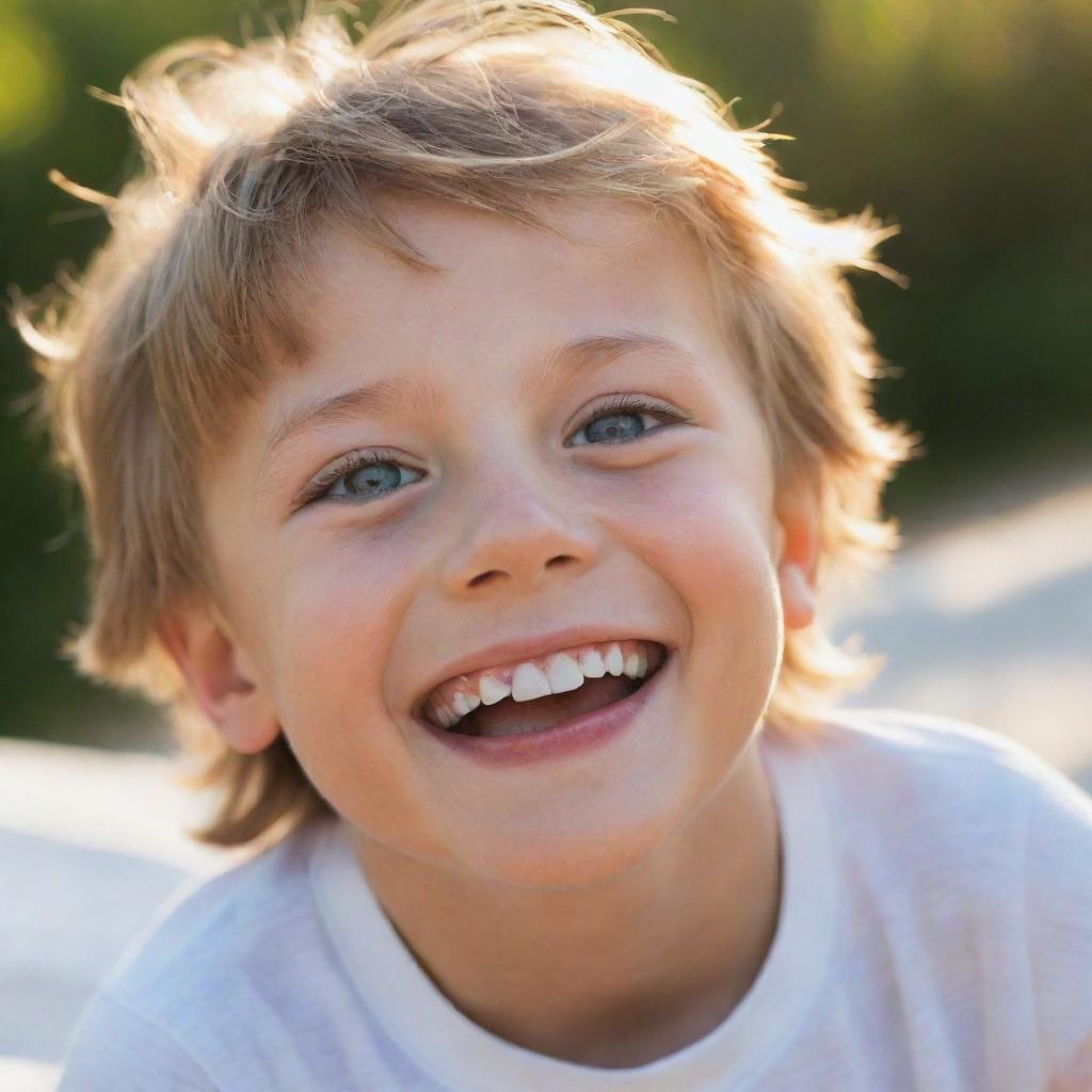 A joyous boy, with a radiant smile and sparkling eyes, just woken up to a fresh morning, filled with sunlight.