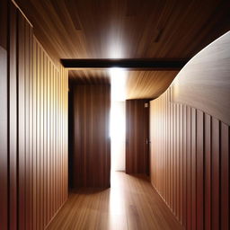 An aesthetically pleasing hallway showcasing hardwood floors and intriguing wall panelling. The image speaks volumes about architectural elegance and sophistication.