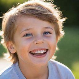 A joyous boy, with a radiant smile and sparkling eyes, just woken up to a fresh morning, filled with sunlight.