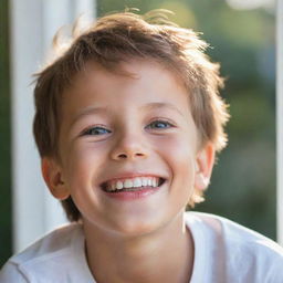 A joyous boy, with a radiant smile and sparkling eyes, just woken up to a fresh morning, filled with sunlight.