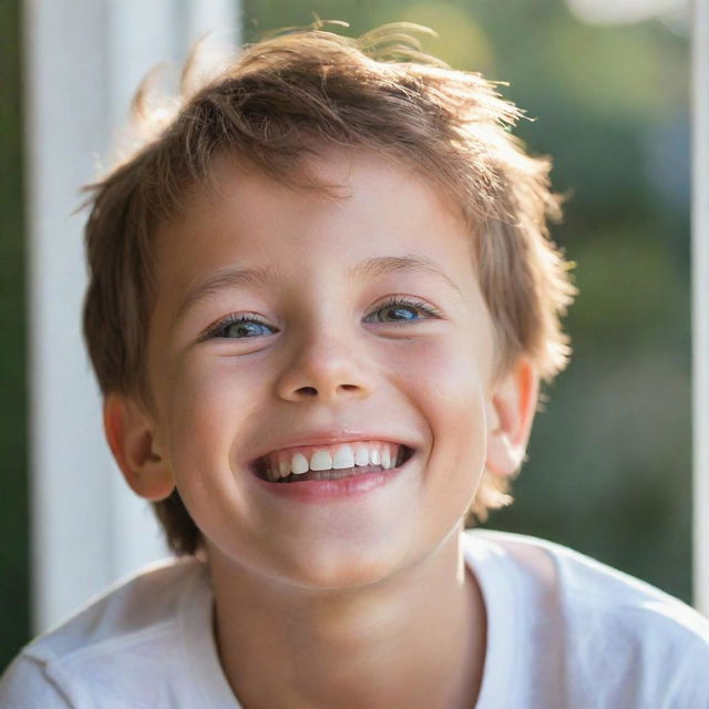 A joyous boy, with a radiant smile and sparkling eyes, just woken up to a fresh morning, filled with sunlight.