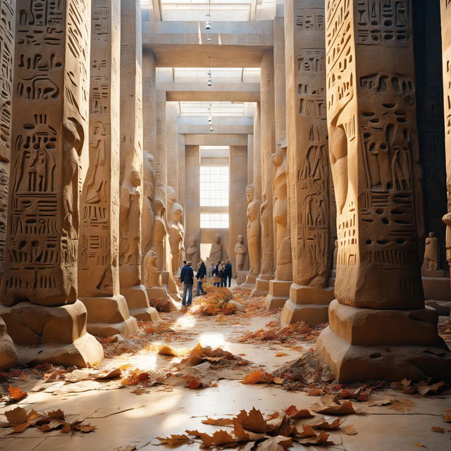 A grand gallery space with towering sandstone columns carved into statues of Egyptian gods, filled with crowds of tiny people under geometric skylights, a floor covered in sand and heaps of autumn leaves, with leaves floating everywhere.