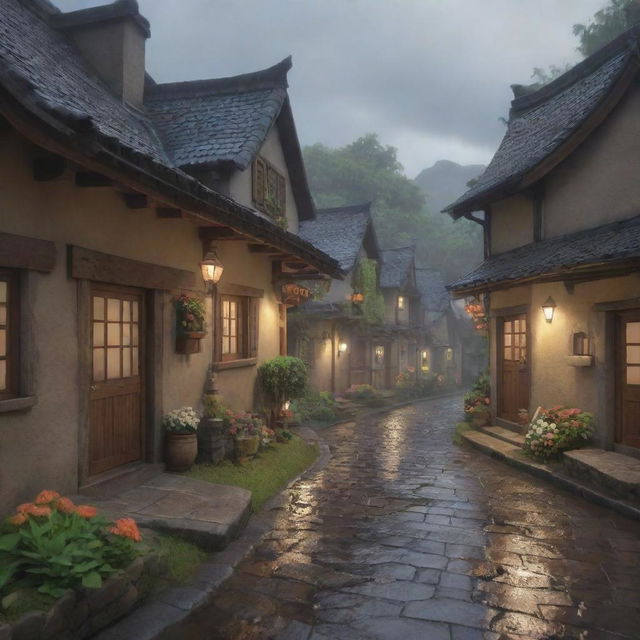 3D render of a Studio Ghibli inspired rural village on a rainy day, filled with warmth and coziness. Highlight small details like flowers, cobblestone paths, and lantern lights.