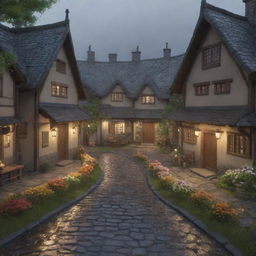 3D render of a Studio Ghibli inspired rural village on a rainy day, filled with warmth and coziness. Highlight small details like flowers, cobblestone paths, and lantern lights.