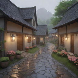 3D render of a Studio Ghibli inspired rural village on a rainy day, filled with warmth and coziness. Highlight small details like flowers, cobblestone paths, and lantern lights.