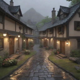 3D render of a Studio Ghibli inspired rural village on a rainy day, filled with warmth and coziness. Highlight small details like flowers, cobblestone paths, and lantern lights.