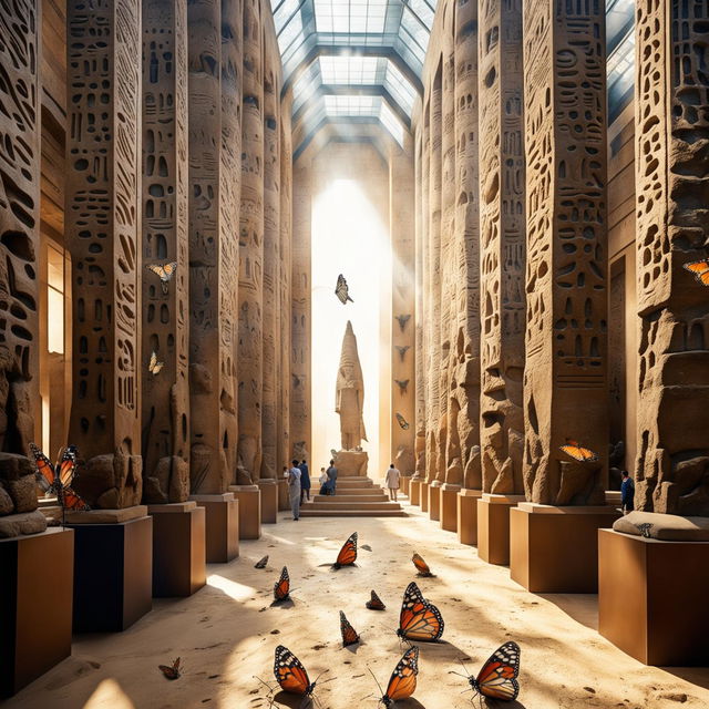 A grand gallery space with towering sandstone columns carved into statues of Egyptian gods, filled with crowds of tiny people under geometric skylights, a floor covered in sand, and hundreds of monarch butterflies fluttering everywhere.