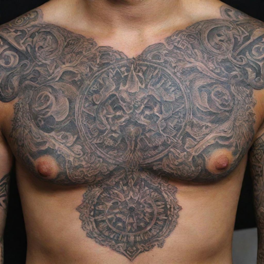 Detailed portrayal of an intricate tattoo design on a chest