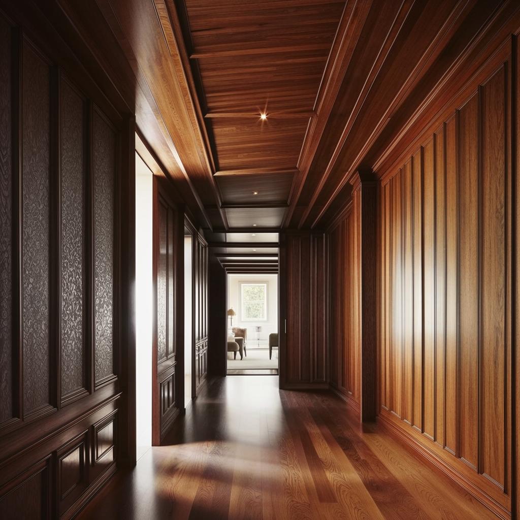 An aesthetically pleasing hallway showcasing hardwood floors and intriguing wall panelling. The image speaks volumes about architectural elegance and sophistication.