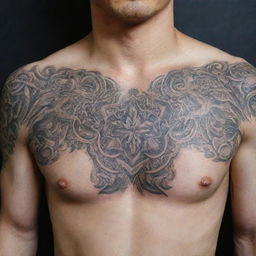 Detailed portrayal of an intricate tattoo design on a chest