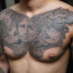 Detailed portrayal of an intricate tattoo design on a chest