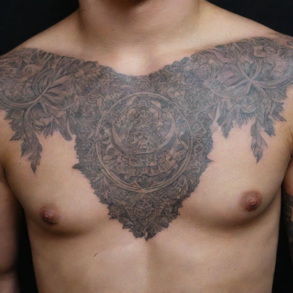 Detailed portrayal of an intricate tattoo design on a chest