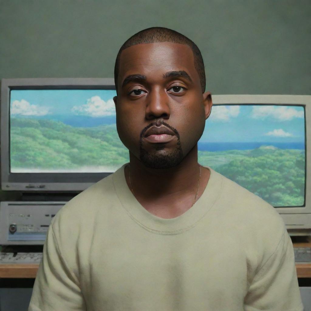 A 3D inspired image of Kanye West in Studio Ghibli's distinctive animation style.