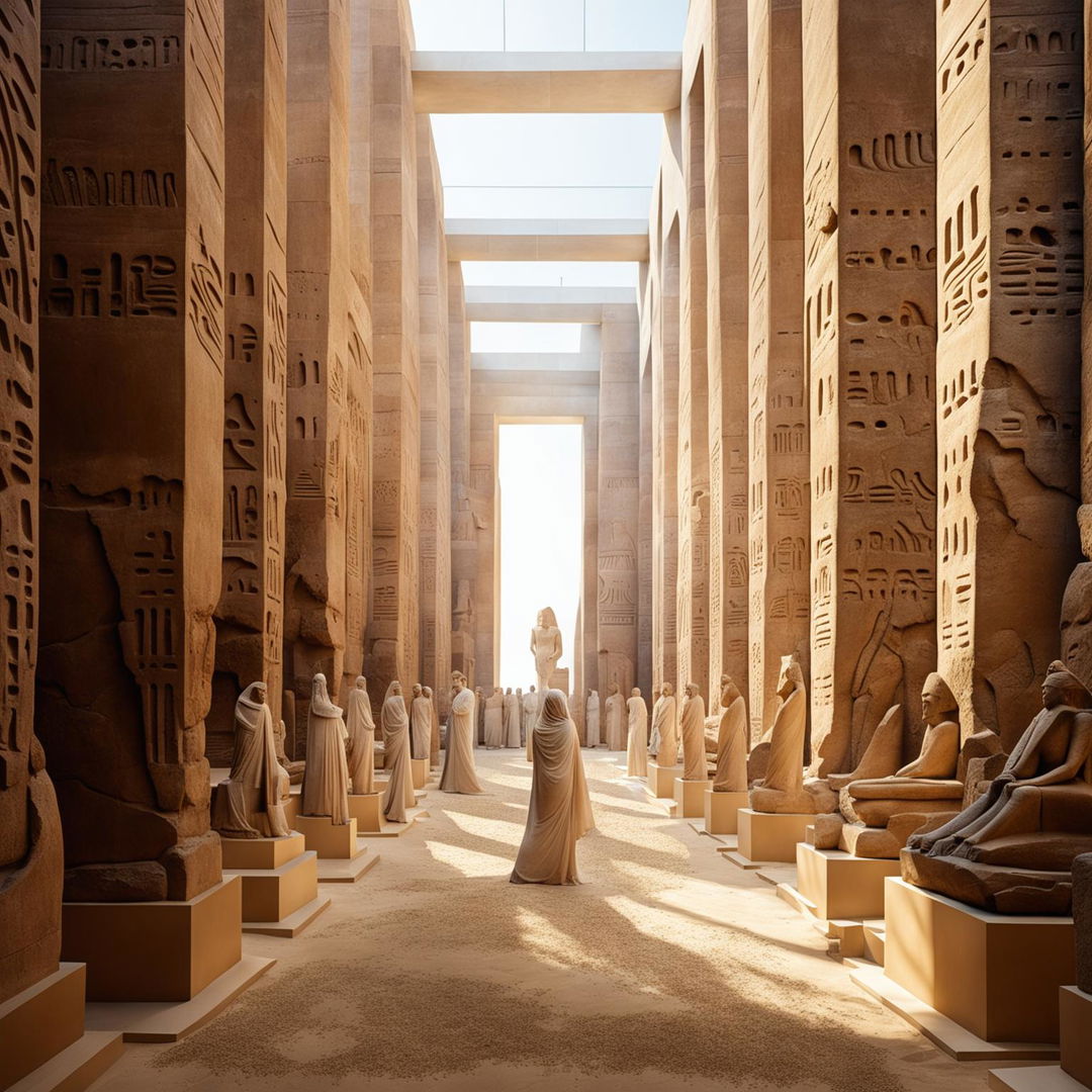 A grand gallery space with towering sandstone columns carved into statues of Egyptian gods, filled with crowds of tiny people wearing white cloaks under geometric skylights, and a floor covered in sand.