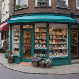 A bustling street filled with small, whimsical shops, each shop with a unique design and vibrant appearance, showcasing a variety of products in its display window.