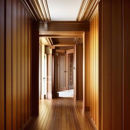 An aesthetically pleasing hallway showcasing hardwood floors and intriguing wall panelling. The image speaks volumes about architectural elegance and sophistication.