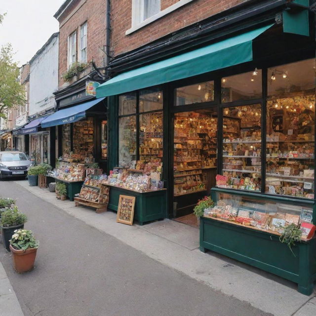 A bustling street filled with small, whimsical shops, each shop with a unique design and vibrant appearance, showcasing a variety of products in its display window.