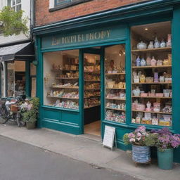 A bustling street filled with small, whimsical shops, each shop with a unique design and vibrant appearance, showcasing a variety of products in its display window.