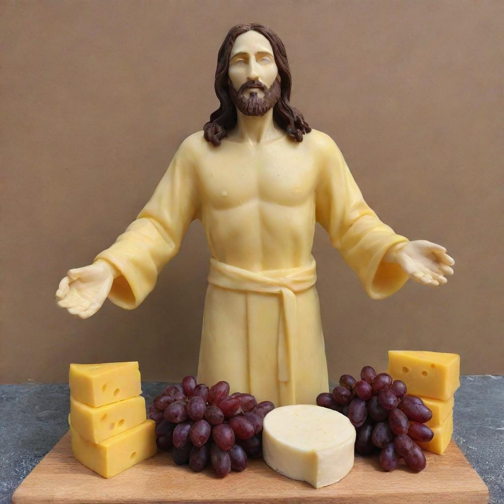 A realistic sculpture of Jesus Christ made entirely from yellow cheese standing on a charcuterie board, holding a large cheese truckle wheel in one hand and a bunch of red grapes in his other hand.