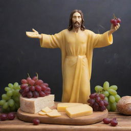 A realistic sculpture of Jesus Christ made entirely from yellow cheese standing on a charcuterie board, holding a large cheese truckle wheel in one hand and a bunch of red grapes in his other hand.