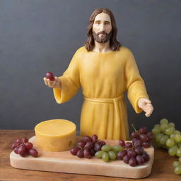 A realistic sculpture of Jesus Christ made entirely from yellow cheese standing on a charcuterie board, holding a large cheese truckle wheel in one hand and a bunch of red grapes in his other hand.