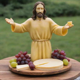 A realistic sculpture of Jesus Christ made entirely from yellow cheese standing on a charcuterie board, holding a large cheese truckle wheel in one hand and a bunch of red grapes in his other hand.