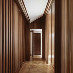 An aesthetically pleasing hallway showcasing hardwood floors and intriguing wall panelling. The image speaks volumes about architectural elegance and sophistication.