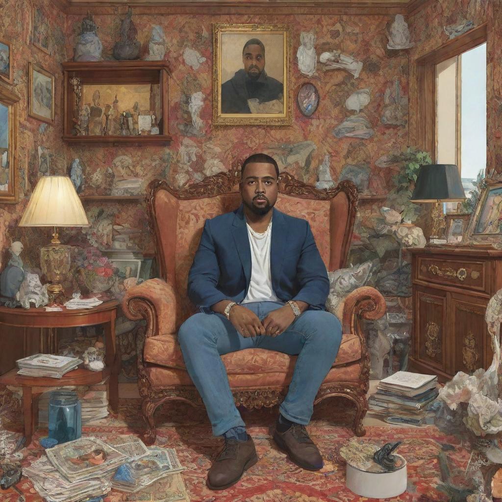 Studio Ghibli style illustration of Kanye West in a cluttered, luxurious apartment full of opulent details and fashionable touches