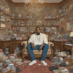 Studio Ghibli style illustration of Kanye West in a cluttered, luxurious apartment full of opulent details and fashionable touches