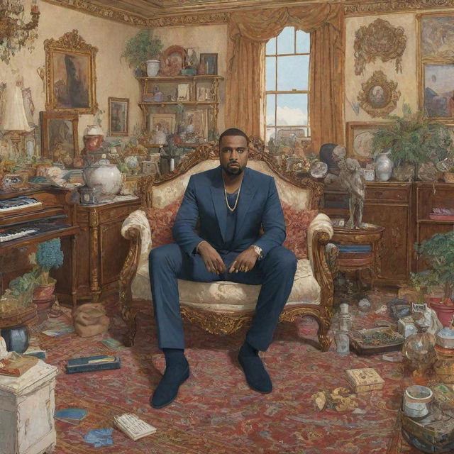 Studio Ghibli style illustration of Kanye West in a cluttered, luxurious apartment full of opulent details and fashionable touches