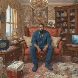 Studio Ghibli style illustration of Kanye West in a cluttered, luxurious apartment full of opulent details and fashionable touches