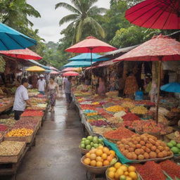 A traditional Indonesian marketplace alive with activity, vendors selling a vast selection of local goods, from vibrant batik clothes to handmade crafts, tropical fruits to aromatic spices, all under the shade of brightly colored umbrellas.