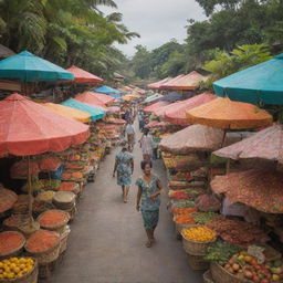 A traditional Indonesian marketplace alive with activity, vendors selling a vast selection of local goods, from vibrant batik clothes to handmade crafts, tropical fruits to aromatic spices, all under the shade of brightly colored umbrellas.