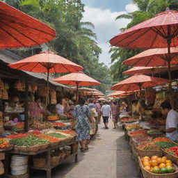 A traditional Indonesian marketplace alive with activity, vendors selling a vast selection of local goods, from vibrant batik clothes to handmade crafts, tropical fruits to aromatic spices, all under the shade of brightly colored umbrellas.