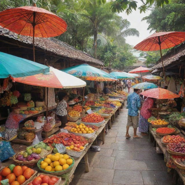 A traditional Indonesian marketplace alive with activity, vendors selling a vast selection of local goods, from vibrant batik clothes to handmade crafts, tropical fruits to aromatic spices, all under the shade of brightly colored umbrellas.