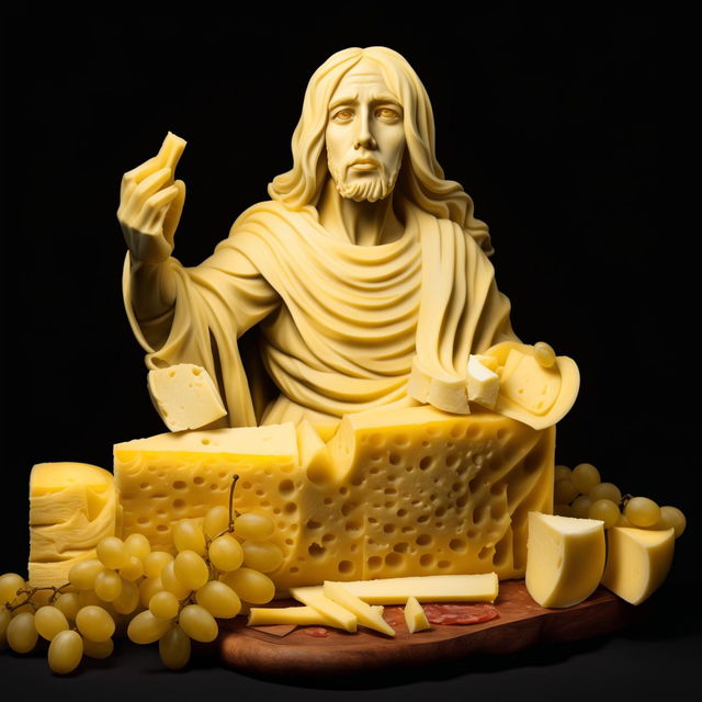 A digital art depiction of Jesus Christ sculpted entirely from yellow cheese standing on a charcuterie board holding a large cheese truckle wheel with one hand and a bunch of red grapes in his other hand.