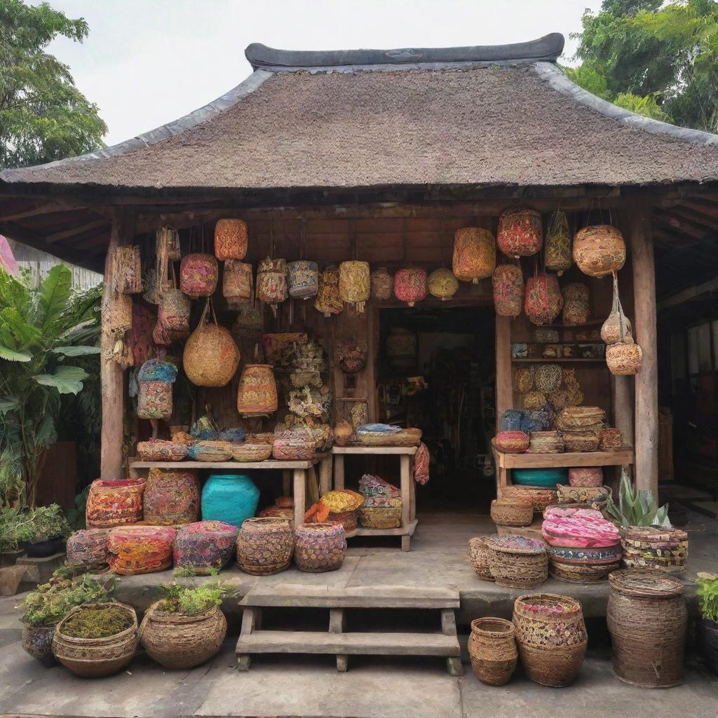 A traditional Indonesian shop nestled on a busy street, offering a vibrant array of indigenous artwork, textiles, and artisanal goods under its quaint, rustic roof.