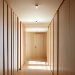 An aesthetically pleasing hallway with simple wall panelling and lighter wall colours, along with hardwood floors. The image showcases architectural elegance.