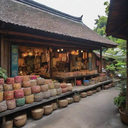 A traditional Indonesian shop nestled on a busy street, offering a vibrant array of indigenous artwork, textiles, and artisanal goods under its quaint, rustic roof.