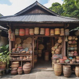 A traditional Indonesian shop nestled on a busy street, offering a vibrant array of indigenous artwork, textiles, and artisanal goods under its quaint, rustic roof.